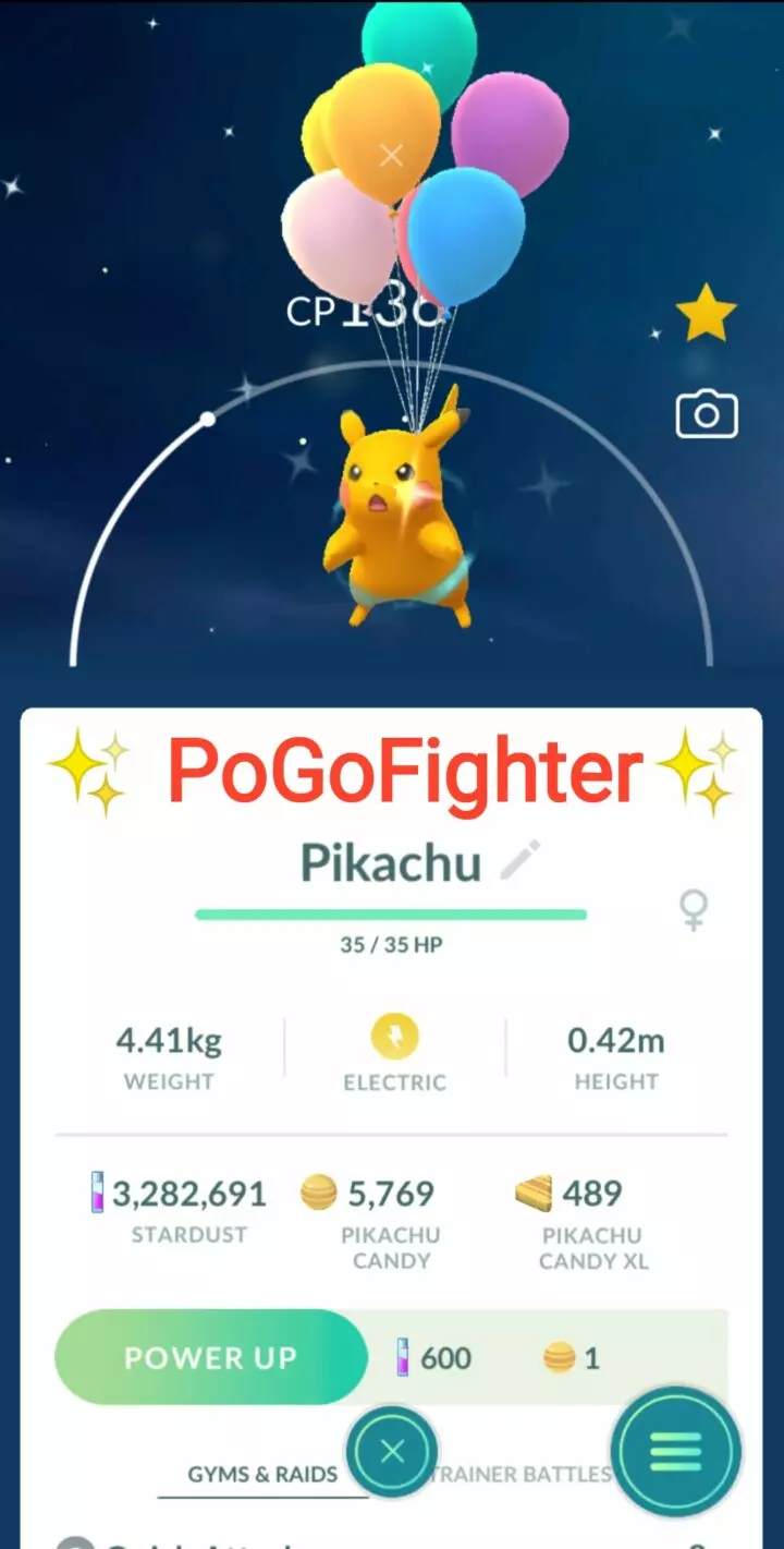 Pokémon GO Shiny Pikachu Flying with Balloon – Trade 20.000 stardust (Read Describe)