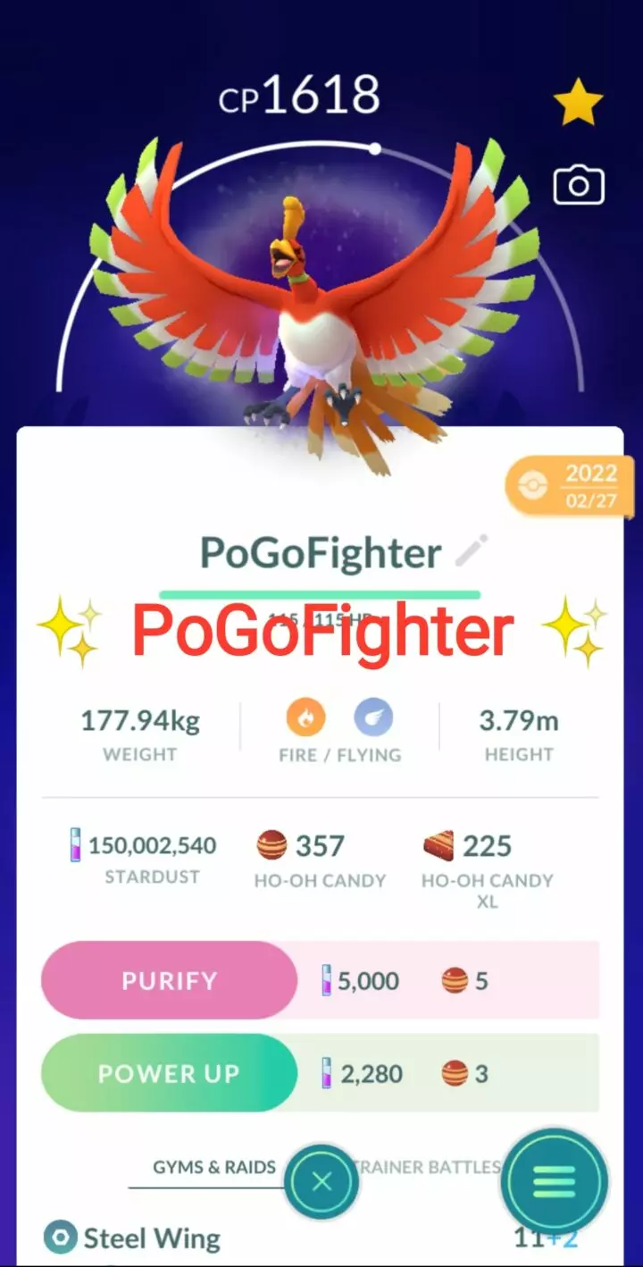Pokémon GO Shadow Apex Ho-Oh (Purified) - Sacred Fire++ - Trade 1.000.000 stardust (Read Describe)