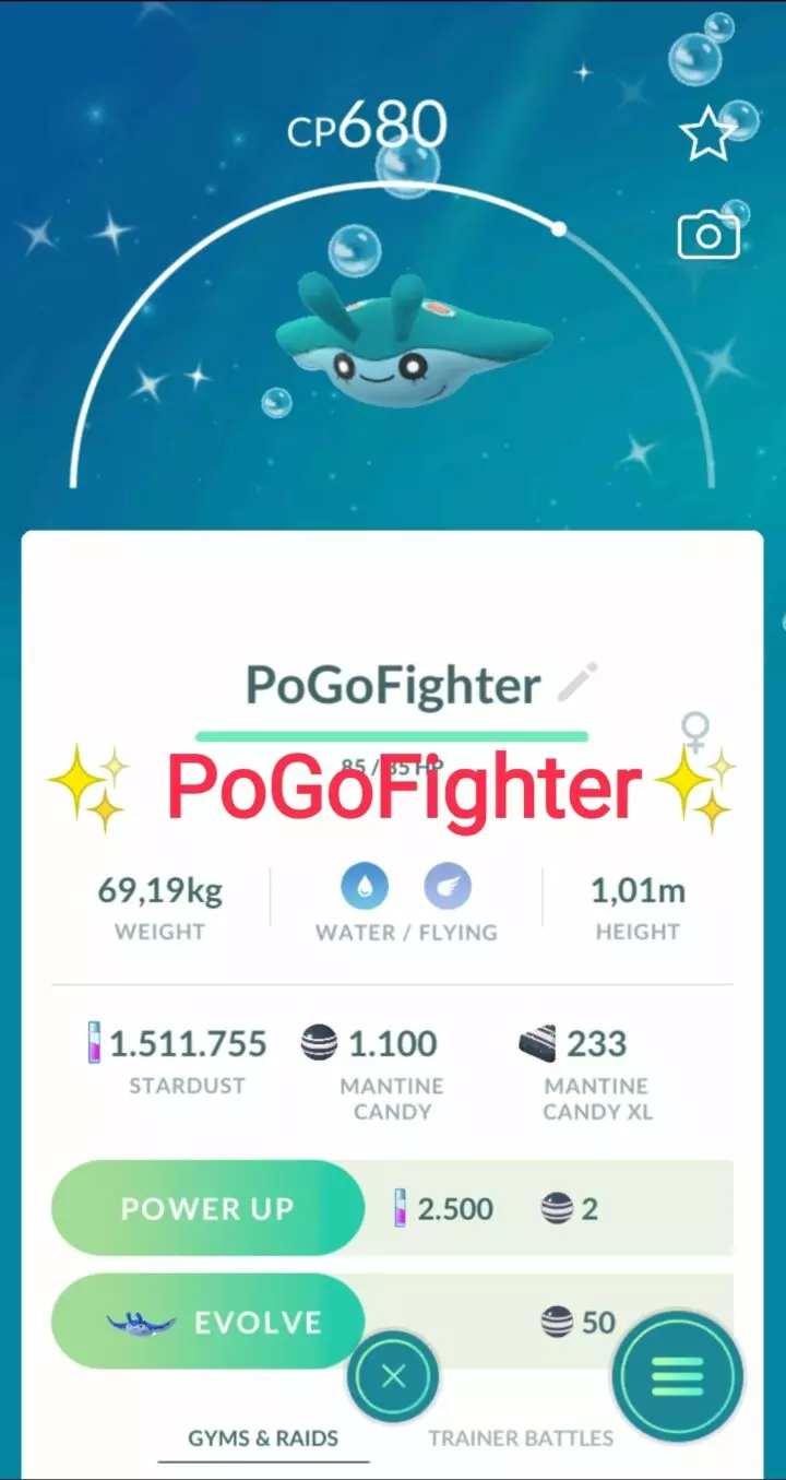 Pokémon GO Shiny Mantyke – Trade 1.000.000 stardust (Read Describe)