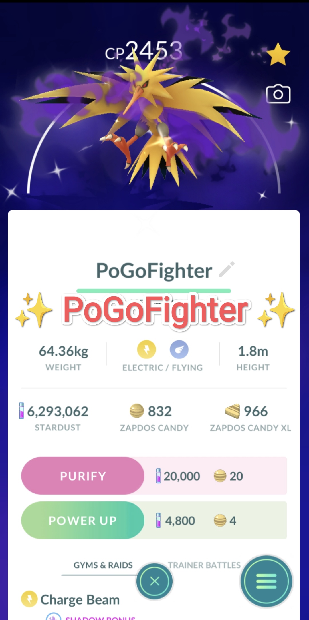 Shiny Shadow Moltres 100k Stardust 20 candies - P T C - Read Description