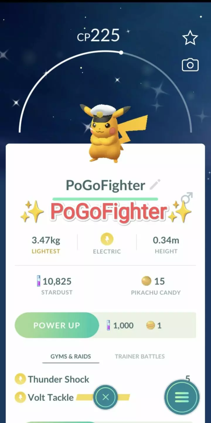 Pokémon GO Shiny Captain's Cap Pikachu - Trade 20.000 stardust (Read Describe)