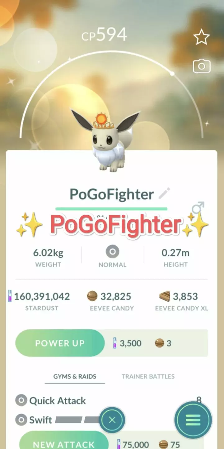 Pokémon GO Shiny Sun Crown Eevee - Trade 20.000 stardust (Read Describe)