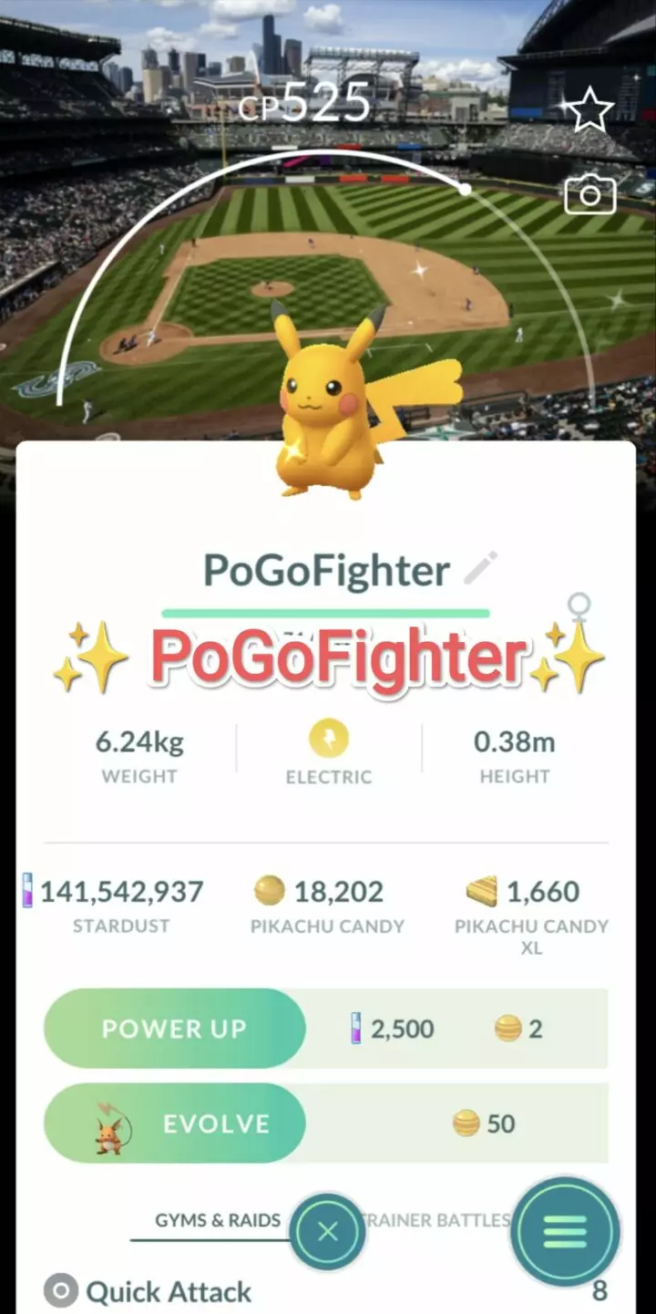 Pokémon GO Shiny Pikachu - Seattle Mariners - MLB Baseball Stadium - T-Mobile Park, Seattle, Washington, USA Background - Trade 20.000 stardust (Read Describe)