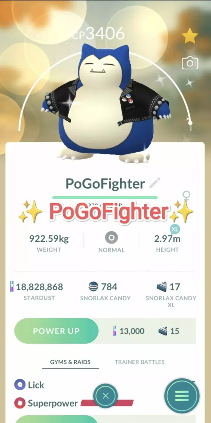 Pokémon GO Shiny Studded Jacket Snorlax - Trade 20.000 stardust (Read Describe)