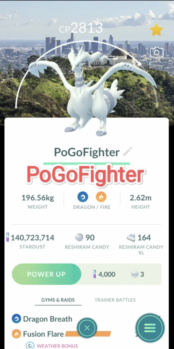 Pokémon GO Reshiram - Los Angeles Background - Trade 20.000 stardust (Read Describe)