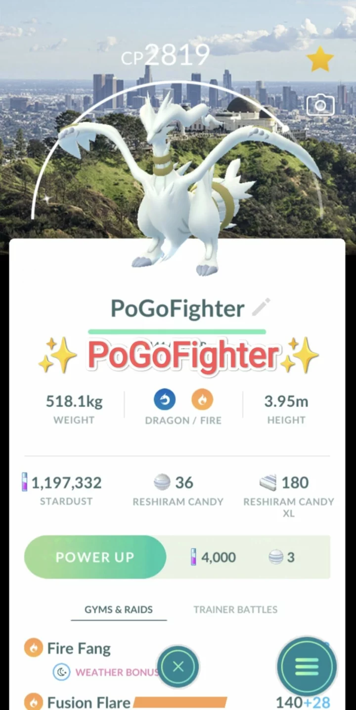 Pokémon GO Shiny Reshiram - Los Angeles Background - Trade 20.000 stardust (Read Describe)