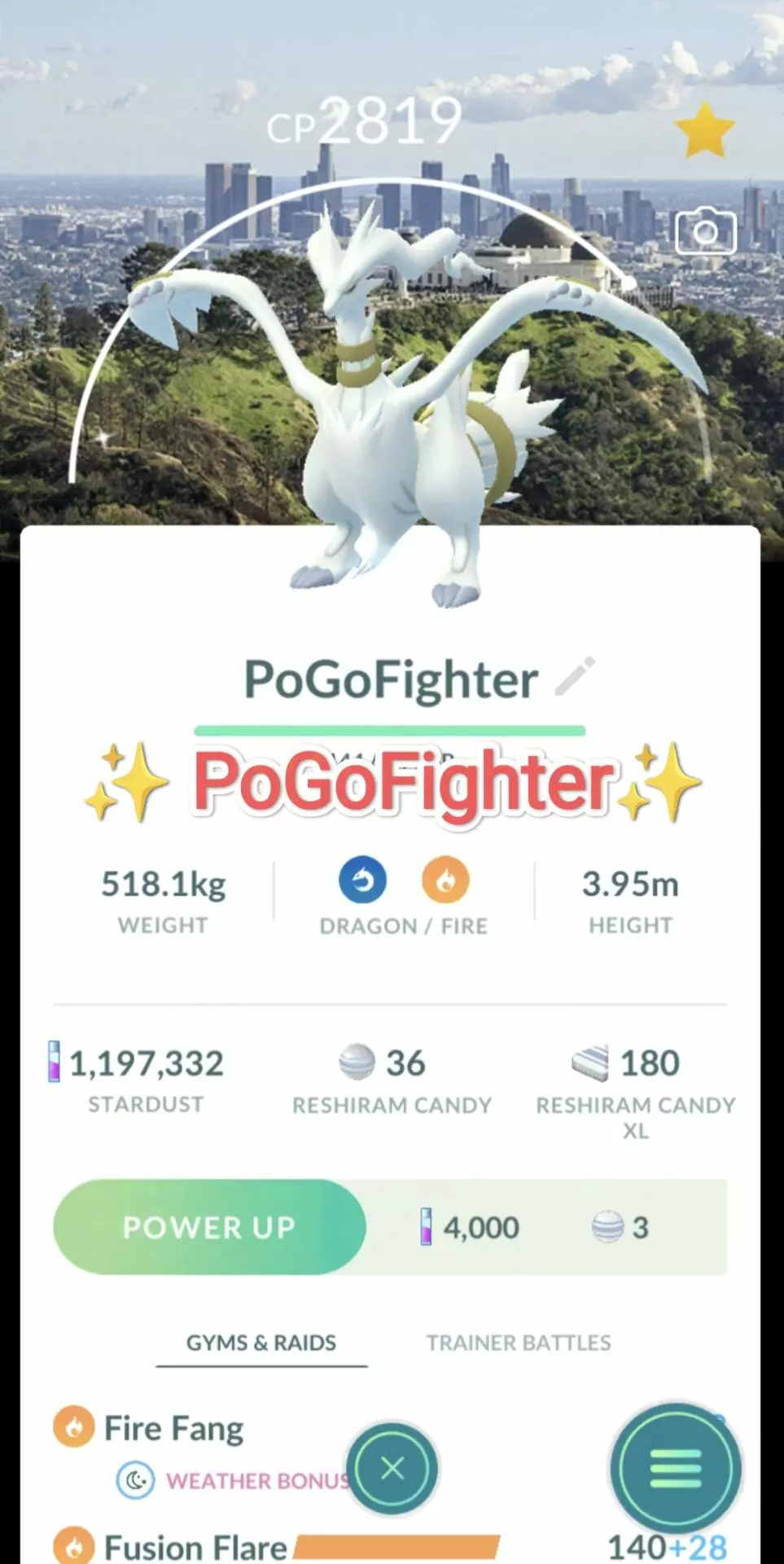 Pokémon GO Shiny Reshiram - Los Angeles Background - Trade 20.000 stardust (Read Describe)