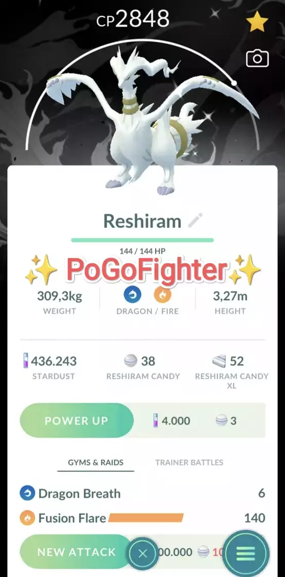 Pokémon GO Shiny Reshiram - White Background- GO Tour - Trade 20.000 stardust (Read Describe)