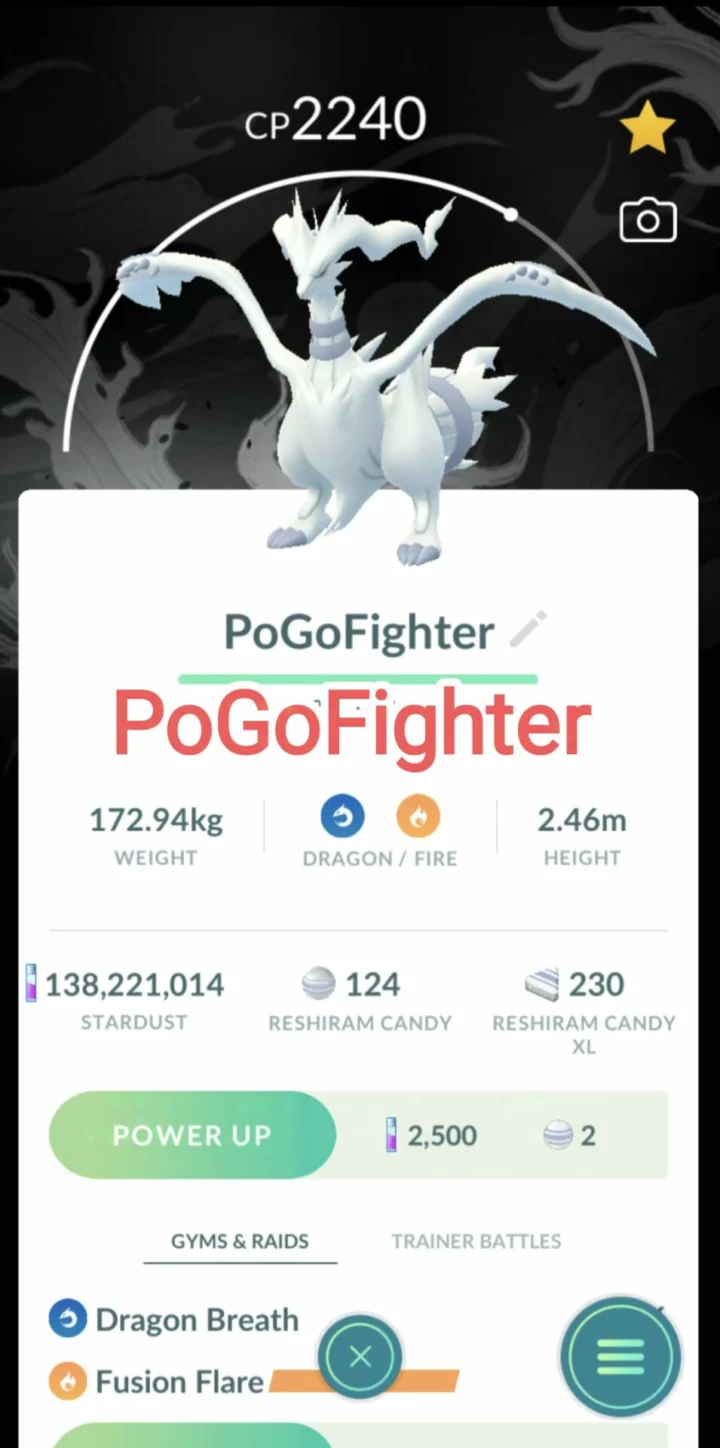 Pokémon GO Reshiram - Black Background- GO Tour - Trade 20.000 stardust (Read Describe)