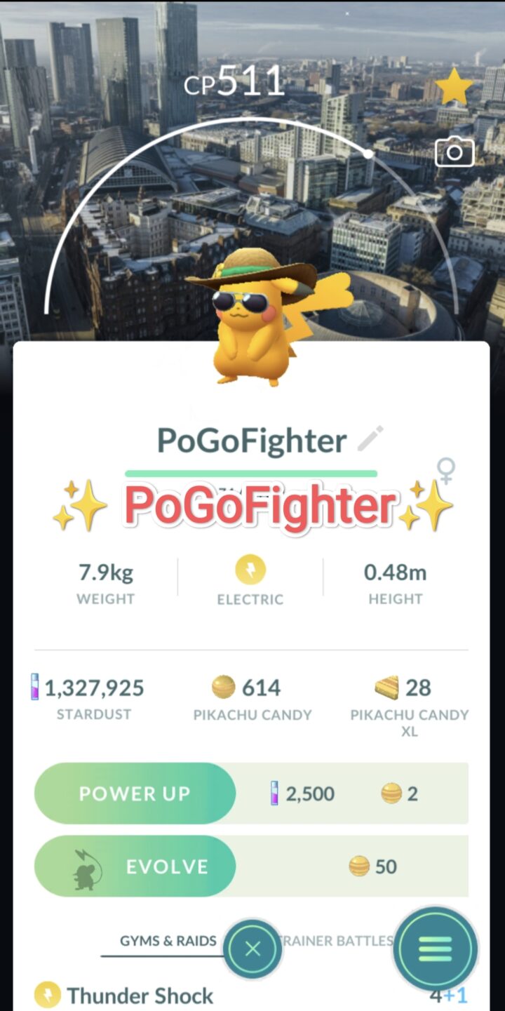 Pokémon GO Shiny Pikachu with summer flair - Road Trip Manchester, England Background - Trade 20.000 stardust (Read Describe)