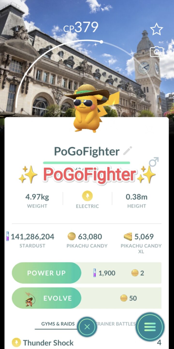 Pokémon GO Shiny Pikachu with summer flair - Road Trip Paris, France Background - Trade 20.000 stardust (Read Describe)