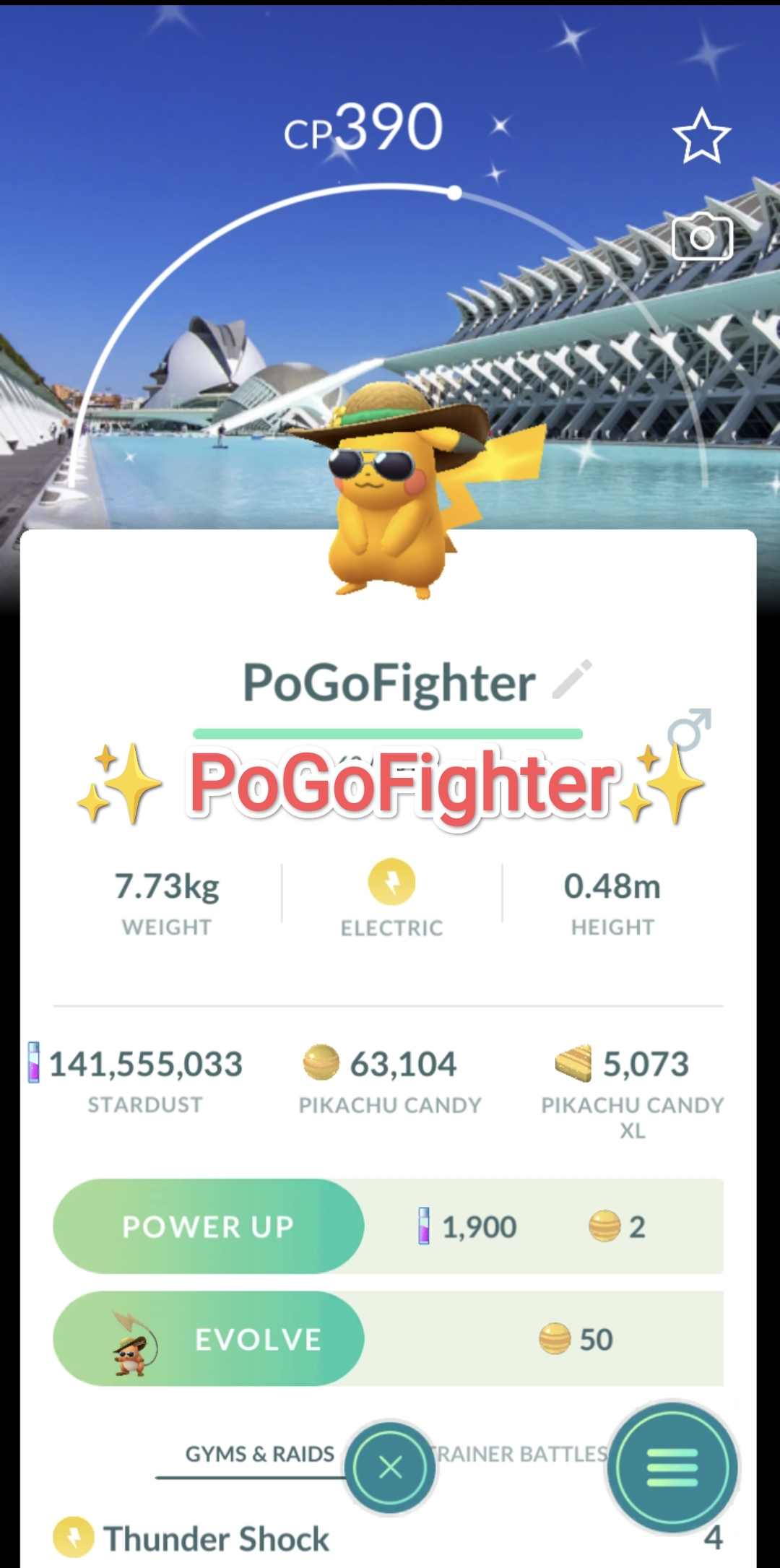 Pokémon GO Shiny Pikachu with summer flair - Road Trip Valencia, Spain Background - Trade 20.000 stardust (Read Describe)