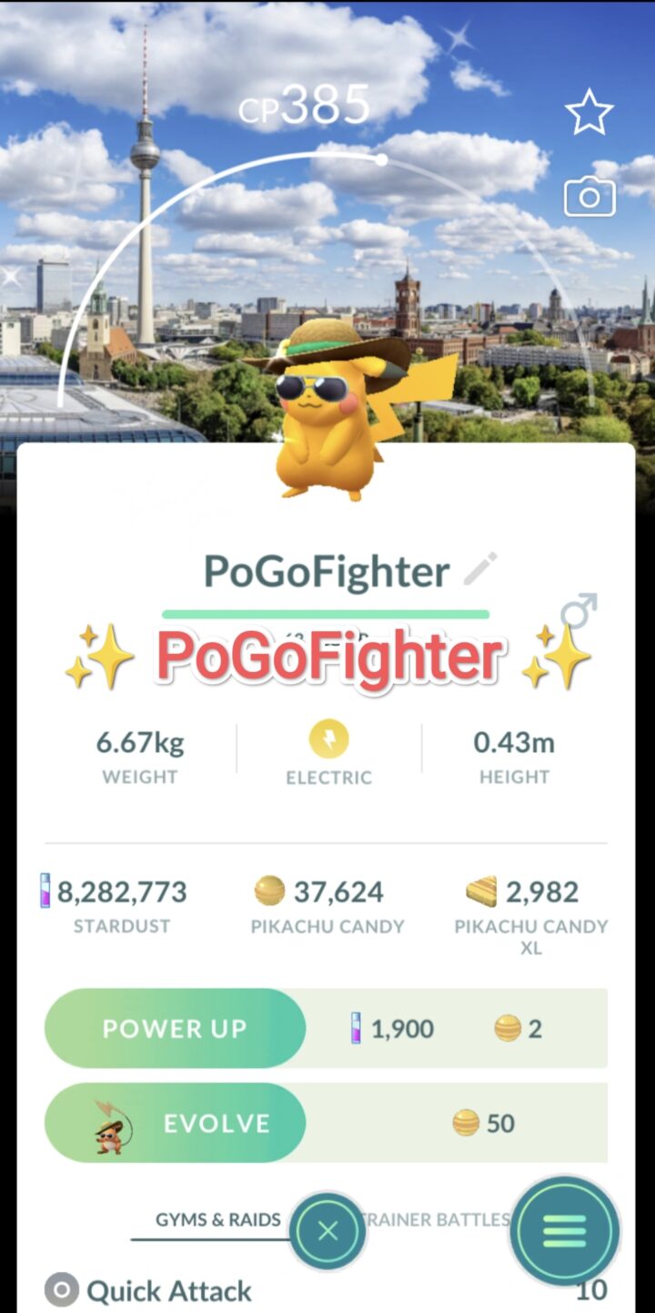 Pokémon GO Shiny Pikachu with summer flair - Road Trip Berlin, Germany Background - Trade 20.000 stardust (Read Describe)