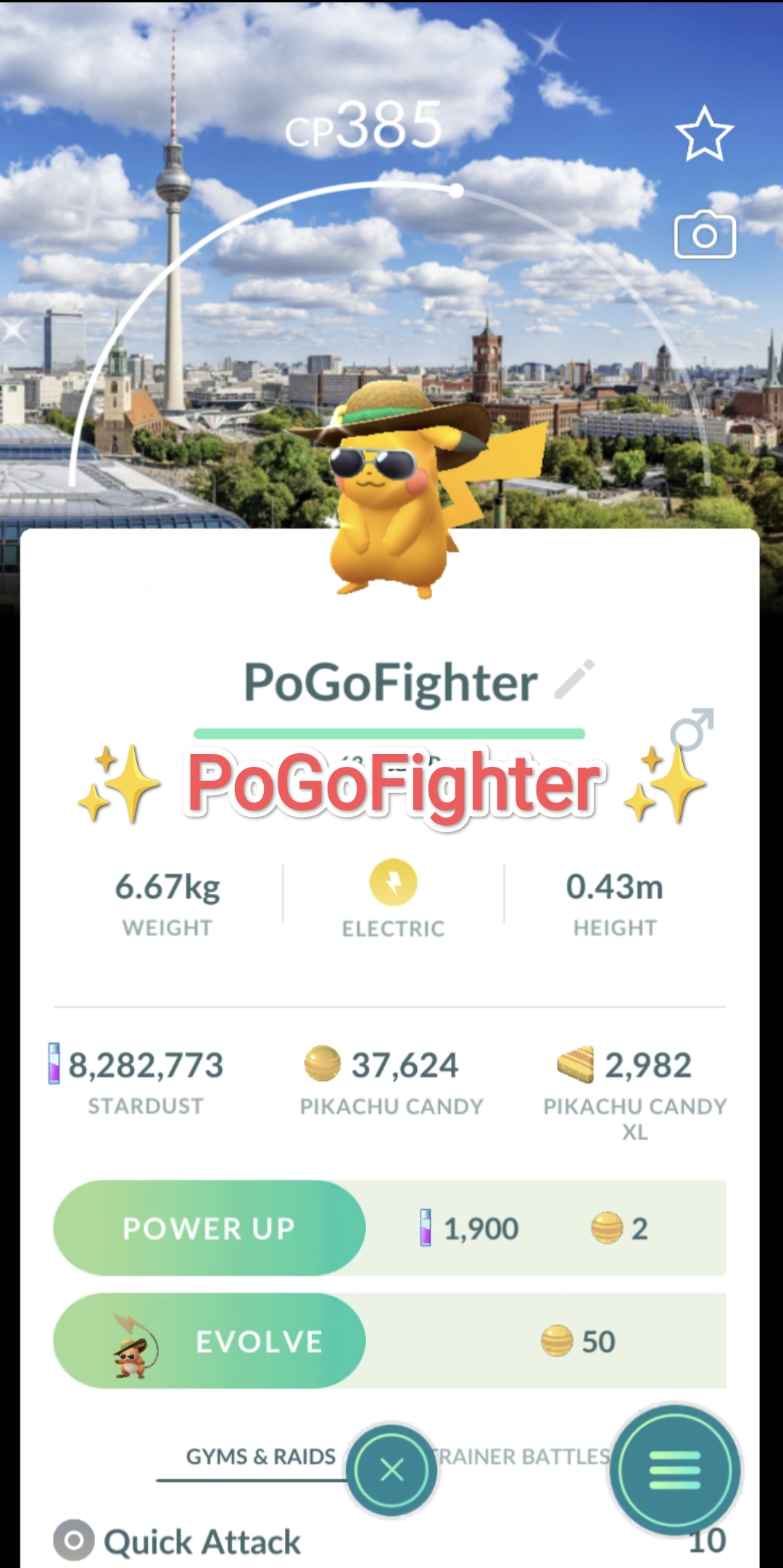 Pokémon GO Shiny Pikachu with summer flair - Road Trip Berlin, Germany Background - Trade 20.000 stardust (Read Describe)