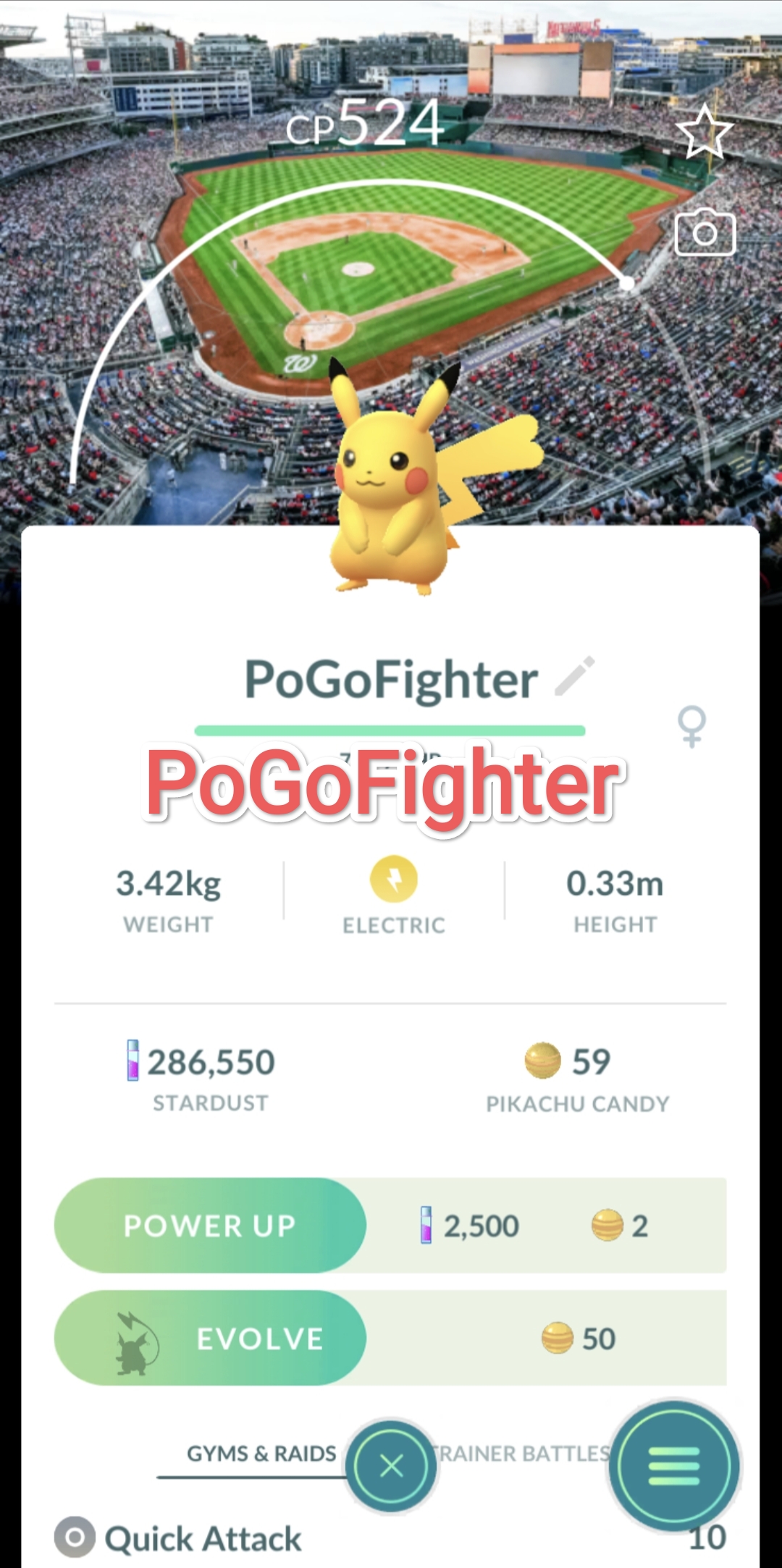 Pokémon GO Pikachu - Washington Nationals Baseball Stadium Background - Trade 20.000 stardust (Read Describe)
