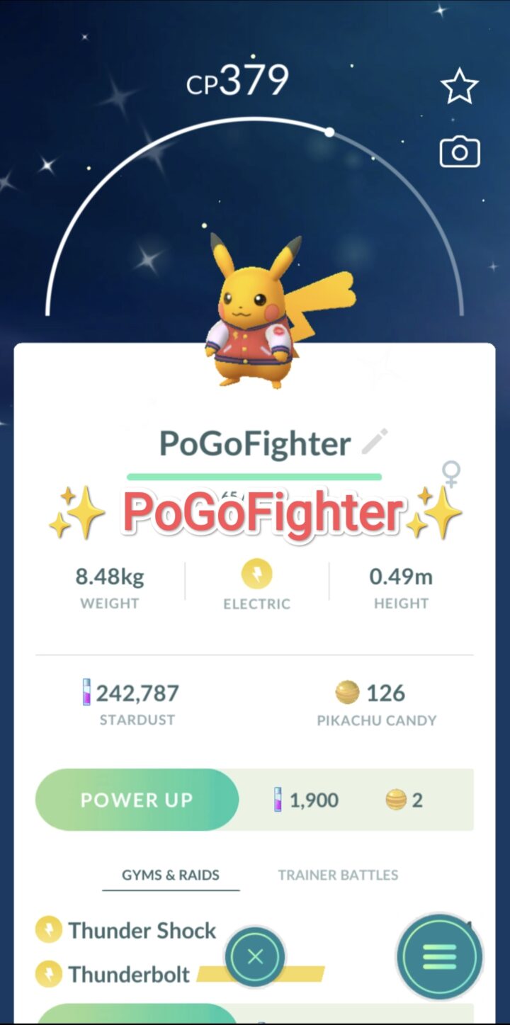 Pokémon GO Shiny Pikachu wearing a varsity jacket - Trade 20.000 stardust (Read Describe)