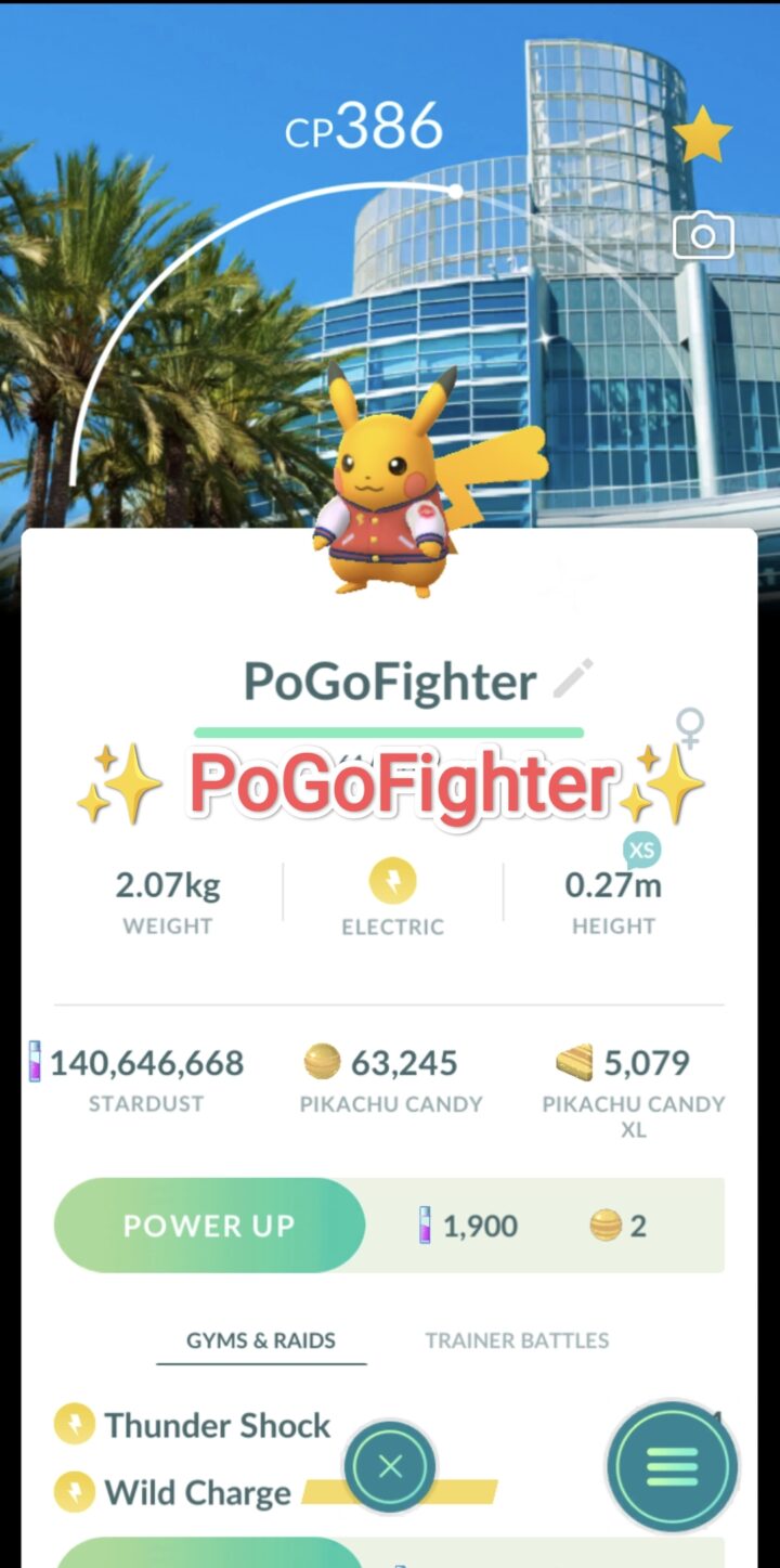 Pokémon GO Shiny Pikachu wearing a varsity jacket - World Championships 2025 – Anaheim, California Location Card Background – Trade 20.000 stardust (Read Describe)