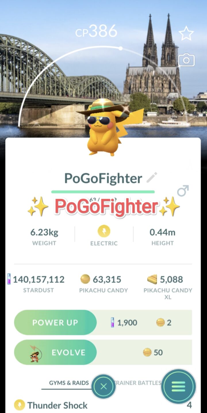 Pokémon GO Shiny Pikachu with summer flair - Road Trip Den Cologne, Germany Background - Trade 20.000 stardust (Read Describe)