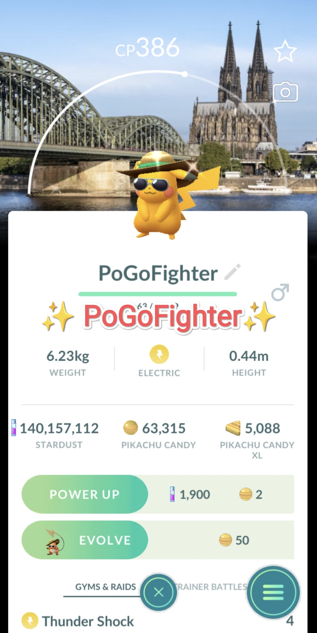 Pokémon GO Shiny Pikachu with summer flair - Road Trip Den Cologne, Germany Background - Trade 20.000 stardust (Read Describe)