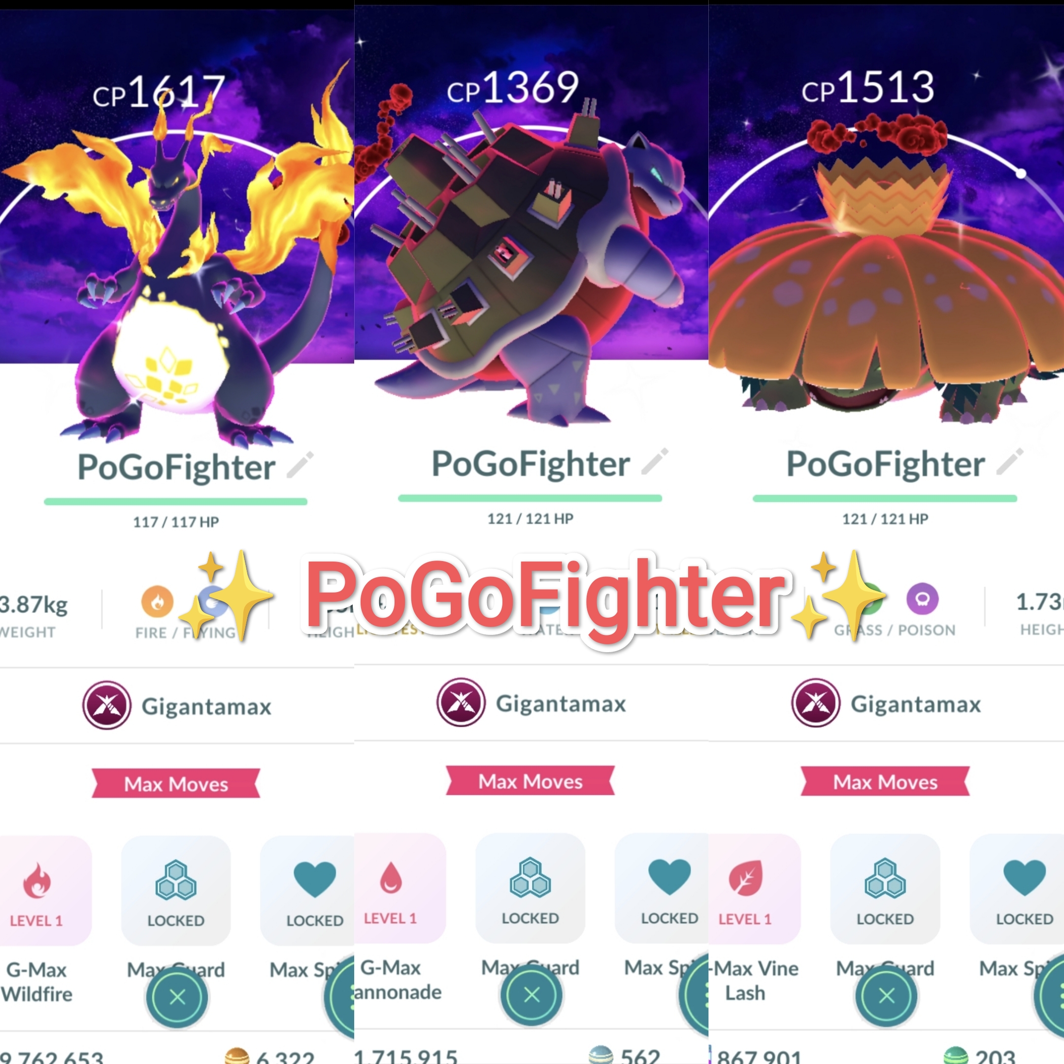 Pokémon GO Shiny Gigantamax Charizard Blastoise Venusaur – Dark Skies Background – Trade 20.000 stardust (Read Describe)