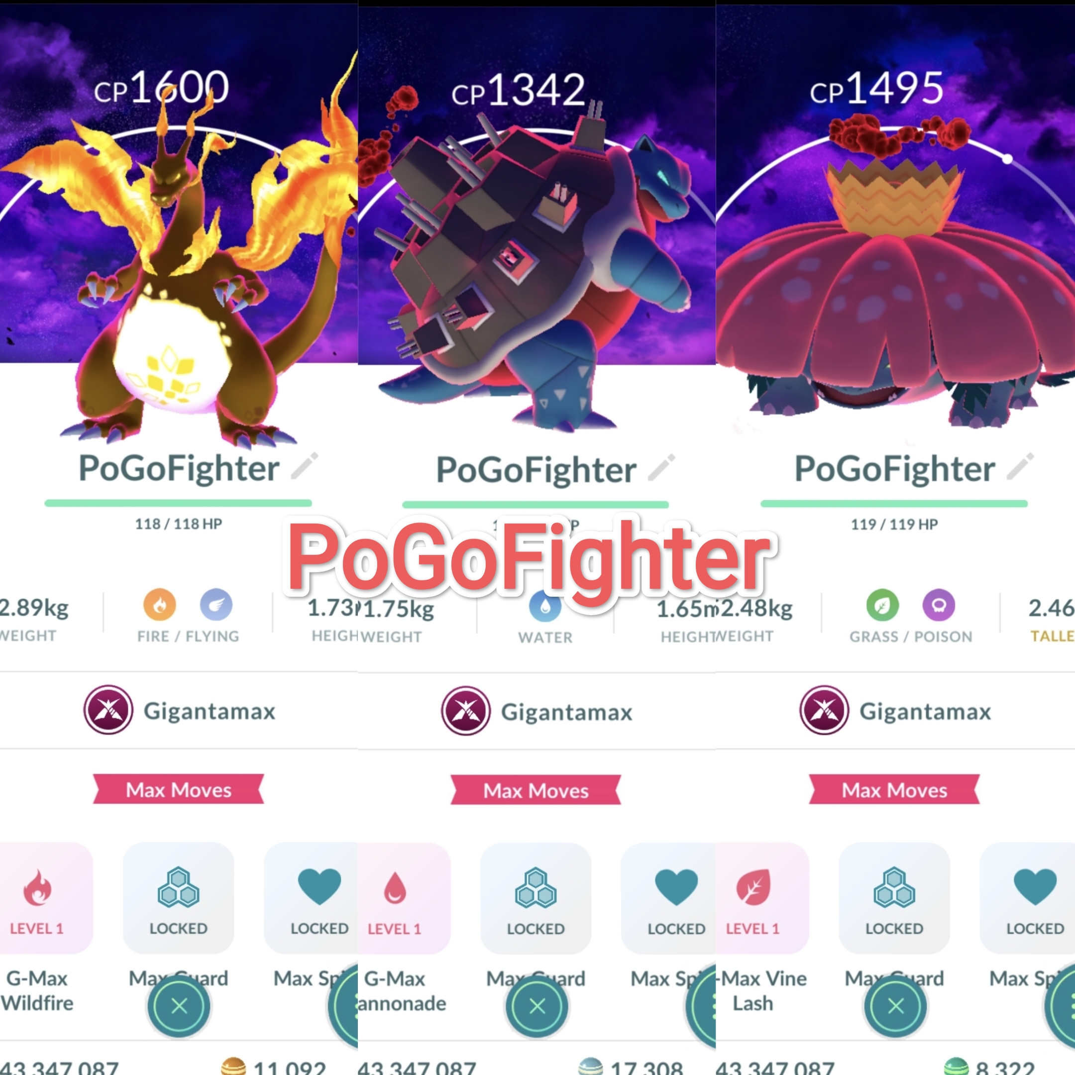 Pokémon GO Gigantamax Charizard Blastoise Venusaur – Dark Skies Background – Trade 20.000 stardust (Read Describe)