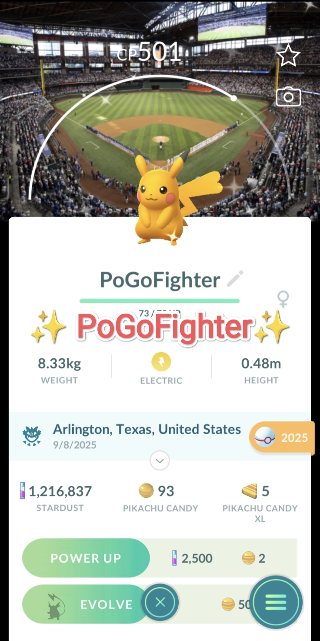 Pokémon GO Shiny Pikachu - Texas Rangers - MLB Baseball Stadium - Globe Life Field, Arlington, Texas, USA Background - Trade 20.000 stardust (Read Describe)