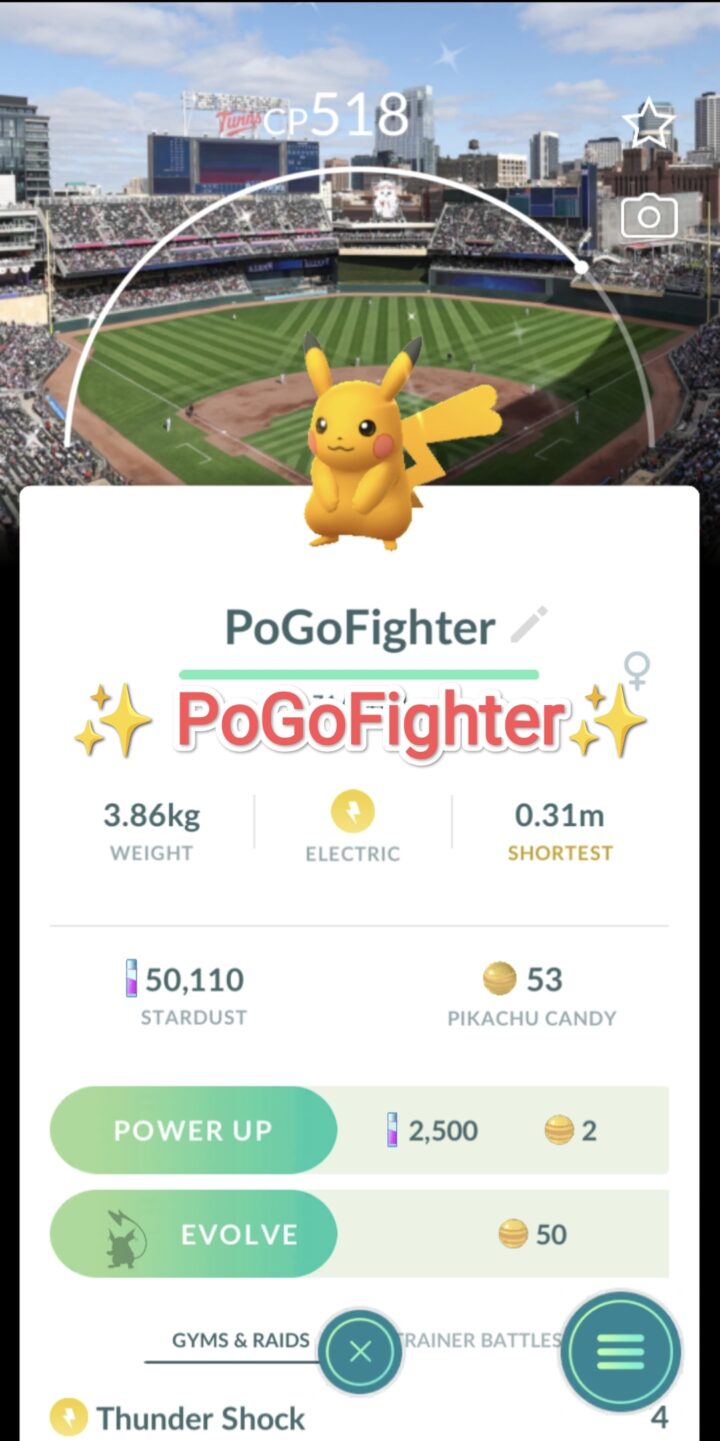 Pokémon GO Shiny Pikachu - Minnesota Twins - MLB Baseball Stadium - Target Field, Minneapolis, Minnesota, USA Background - Trade 20.000 stardust (Read Describe)