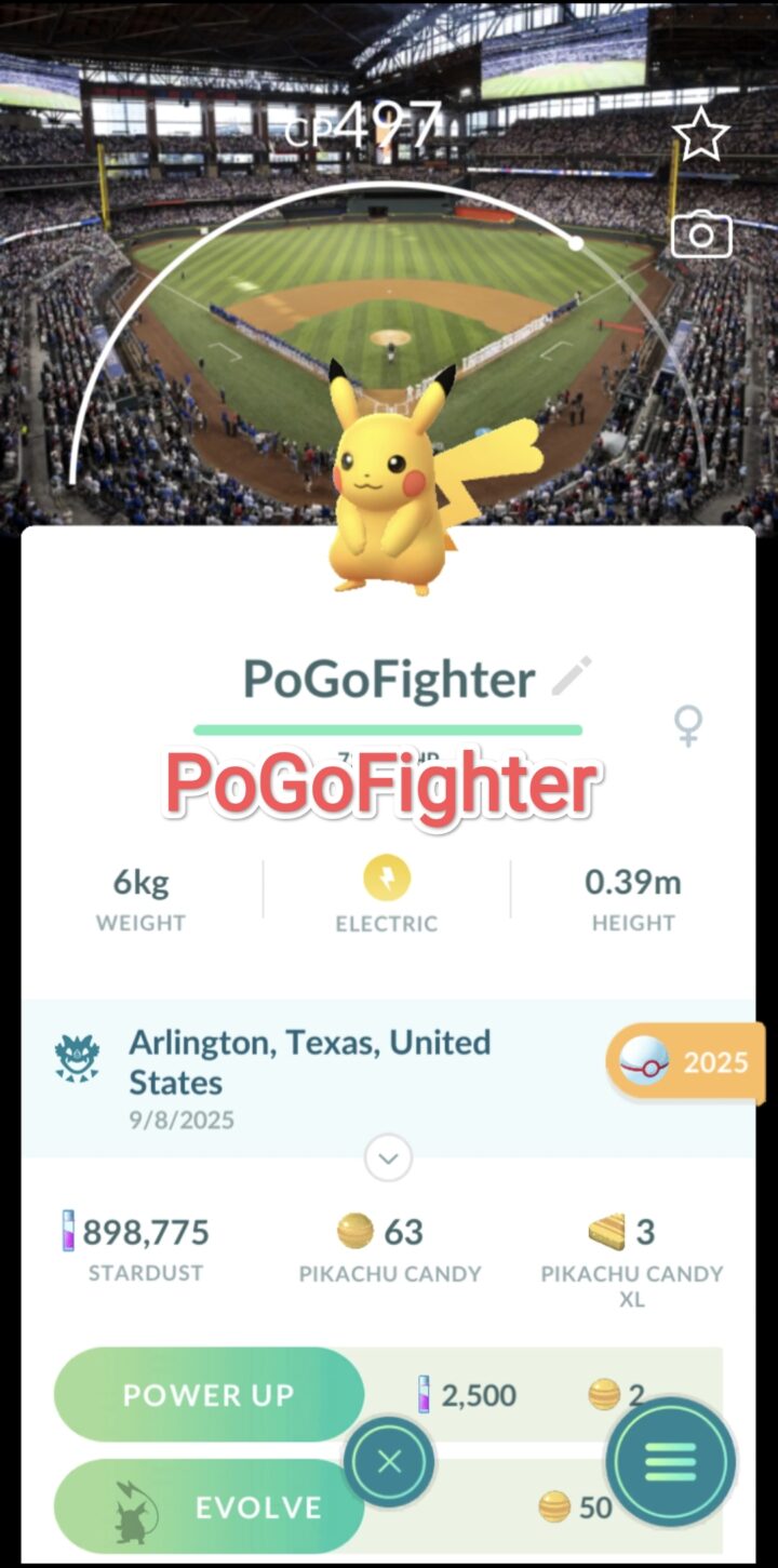 Pokémon GO Pikachu - Texas Rangers - MLB Baseball Stadium - Globe Life Field, Arlington, Texas, USA Background - Trade 20.000 stardust (Read Describe)