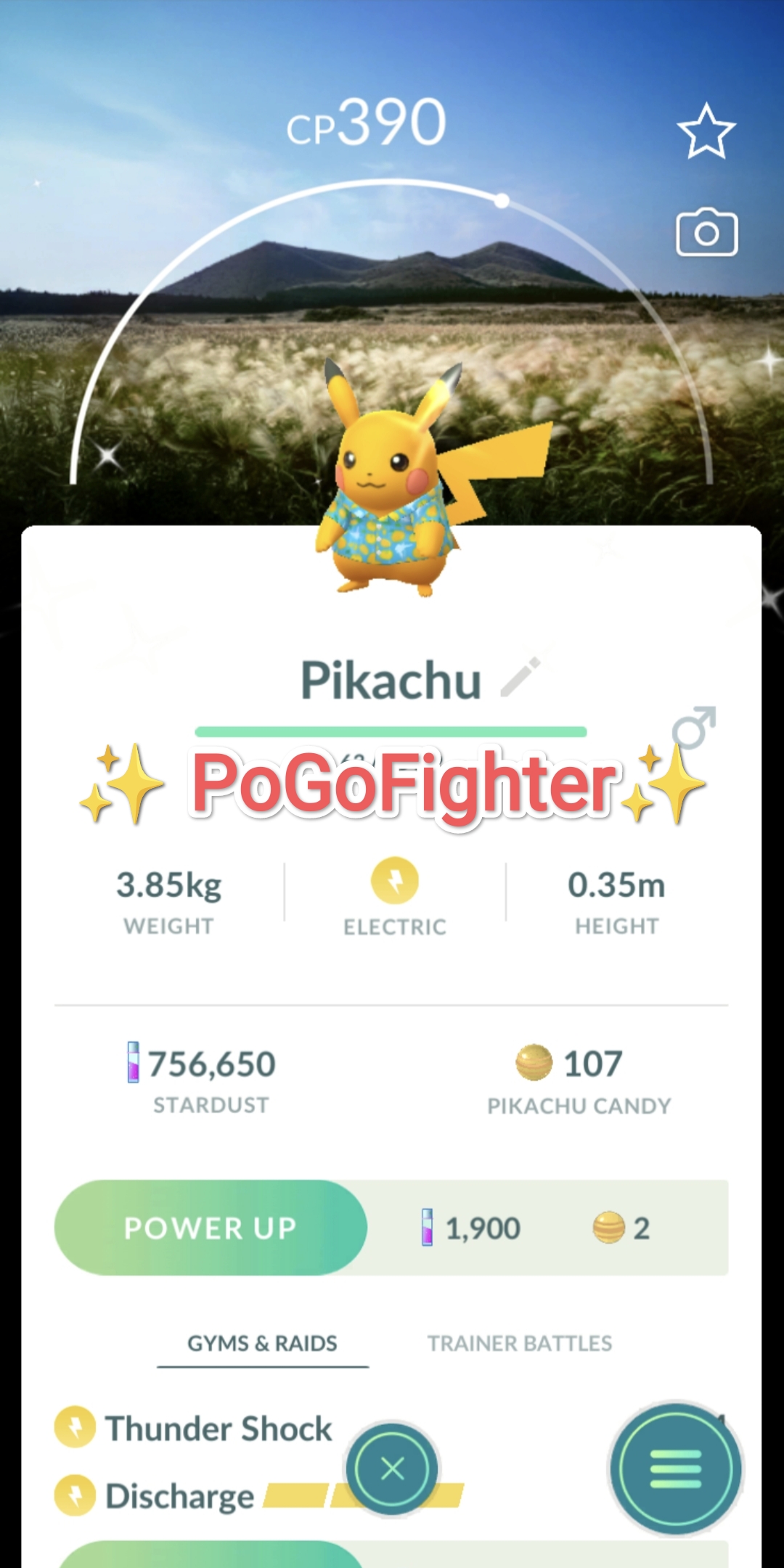 Pokémon GO Shiny Pikachu wearing a blue shirt – Jeju Island, South Korea Background – Stamp Rally – Trade 20.000 stardust (Read Describe)