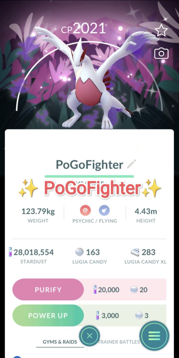 Pokémon GO Shiny Lugia (Purified) with Special Background - Into the Wild - Trade 20.000 stardust (Read Describe)