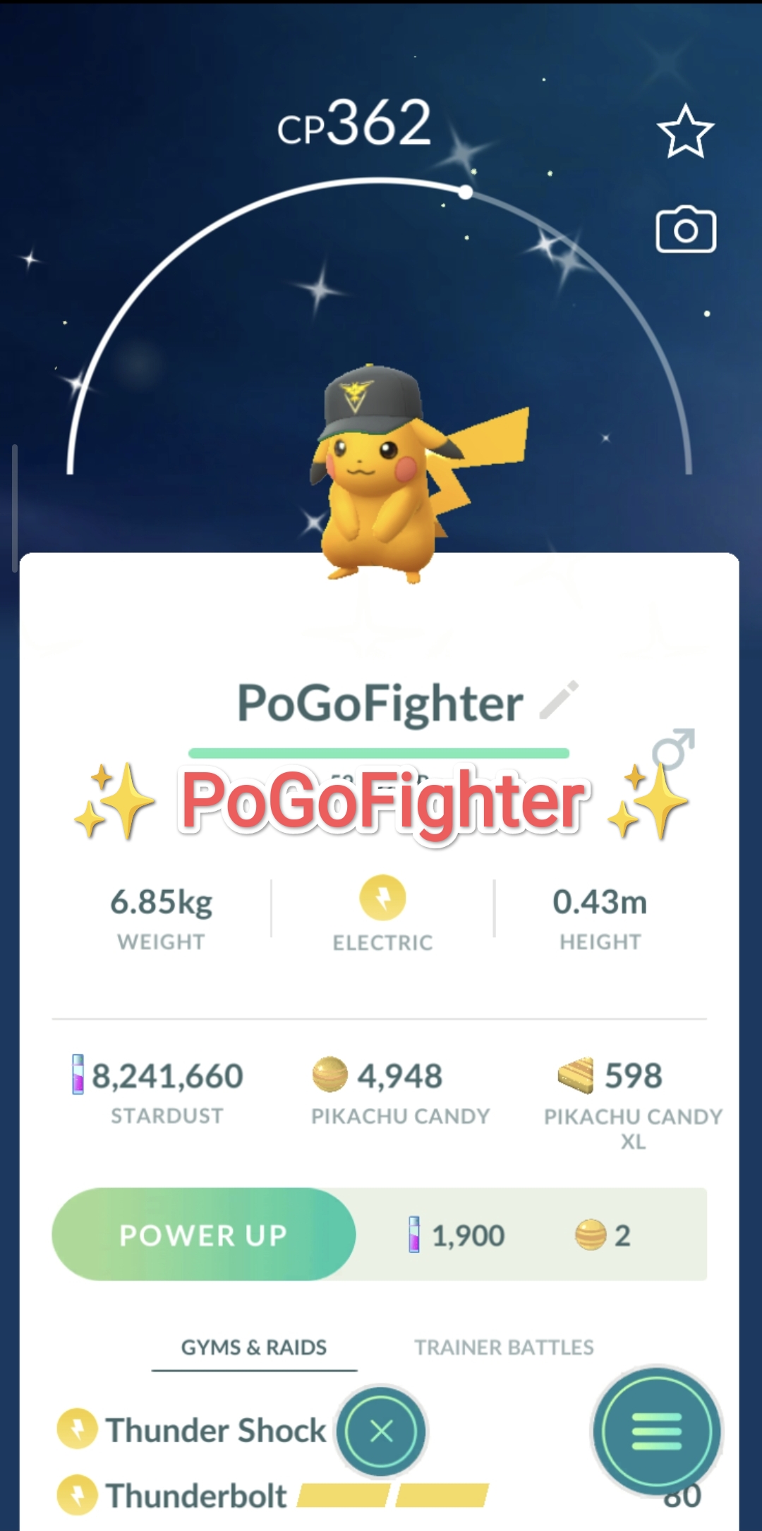 Pokémon GO Shiny Pikachu wearing a Team Instinct hat - Trade 20.000 stardust (Read Describe)