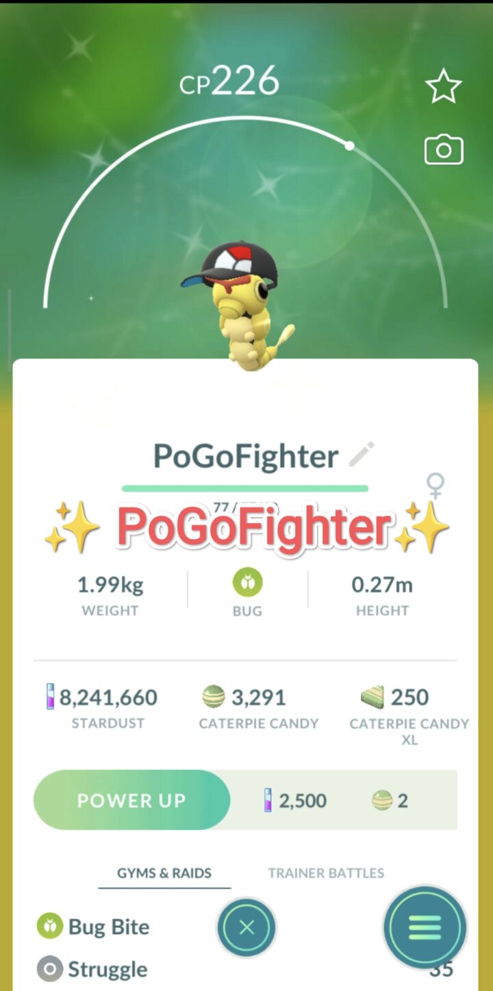 Pokémon GO Shiny Caterpie wearing a Poké Ball hat - Trade 20.000 stardust (Read Describe)