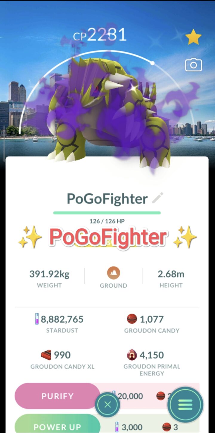Pokémon GO Shiny Groudon (Purified) - Chicago, United States Background - Go Fest 2026 - Trade 20.000 stardust (Read Describe)